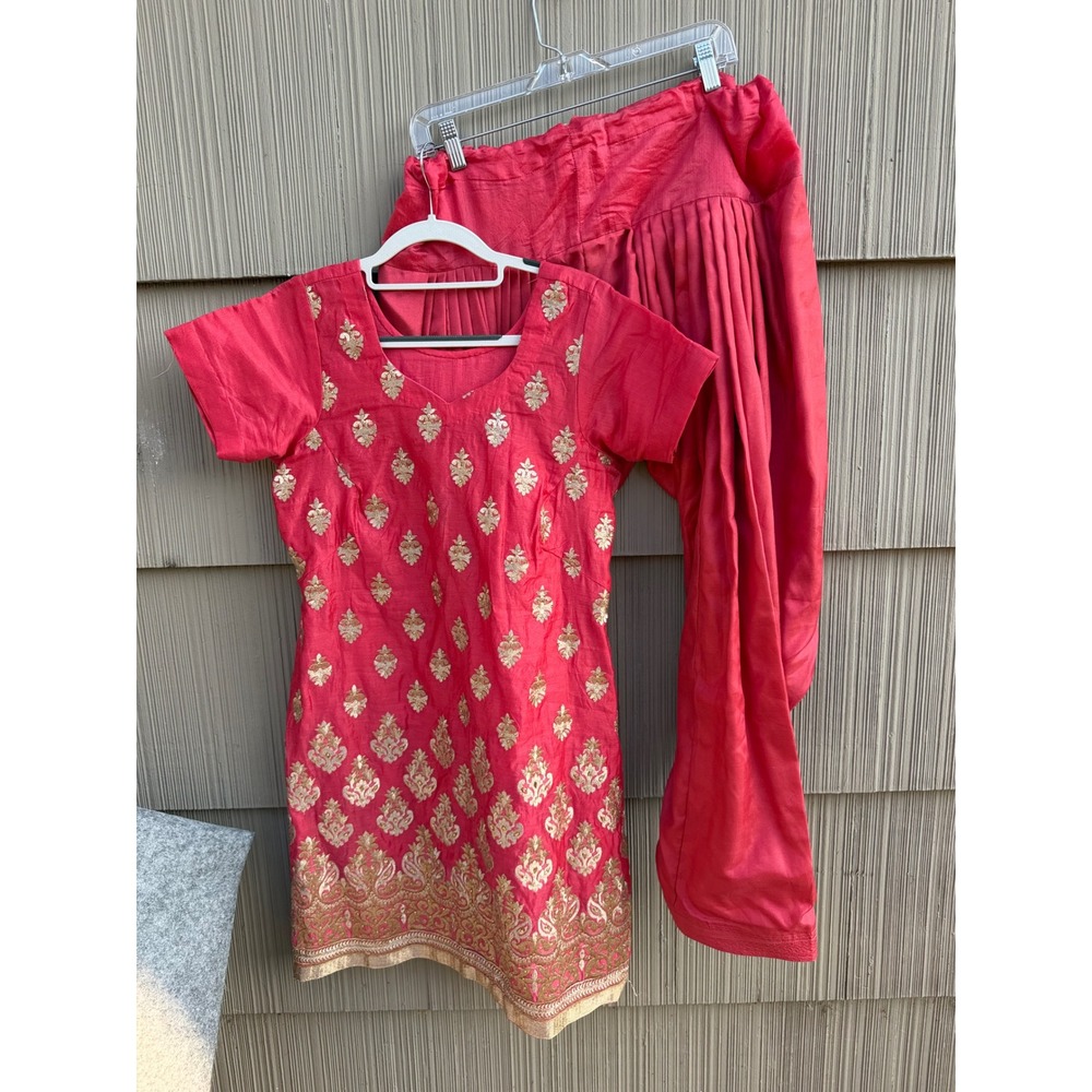 Coral Pink Gold Embroidered Salwar Kameez 2 Pc Set Patiala Suit Kurti Tunic S
